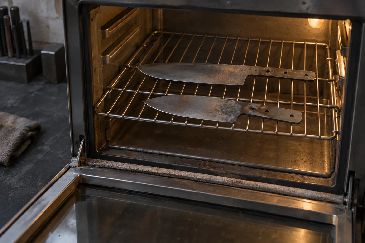 Two gray knife blanks with light oxide marks lying apart on a wire rack inside an open tempering oven, no glow.