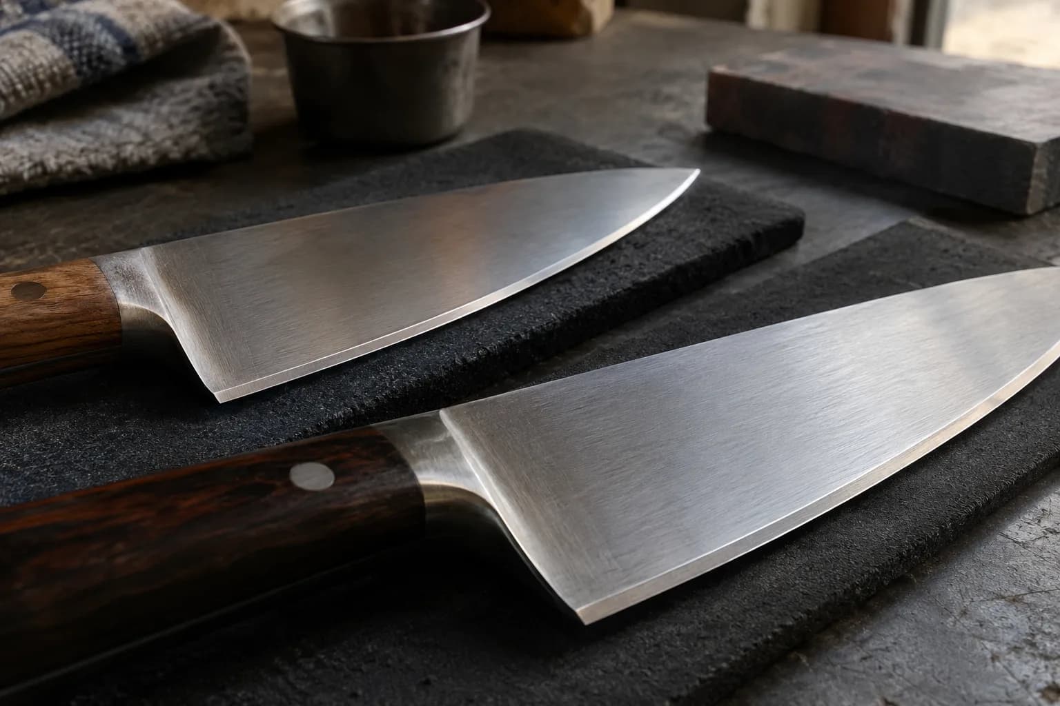 Two chef's knives with dark wood handles lie on black pads, their narrow edge bevels catching raking window light.