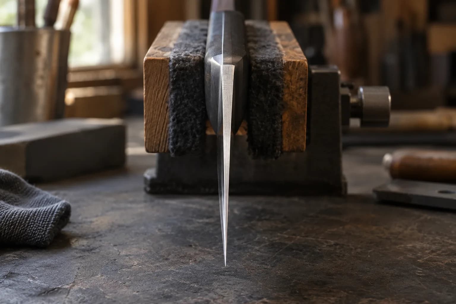 Kitchen knife seen end-on, clamped by its handle in a padded wood fixture, its blade tapering to a very thin edge.