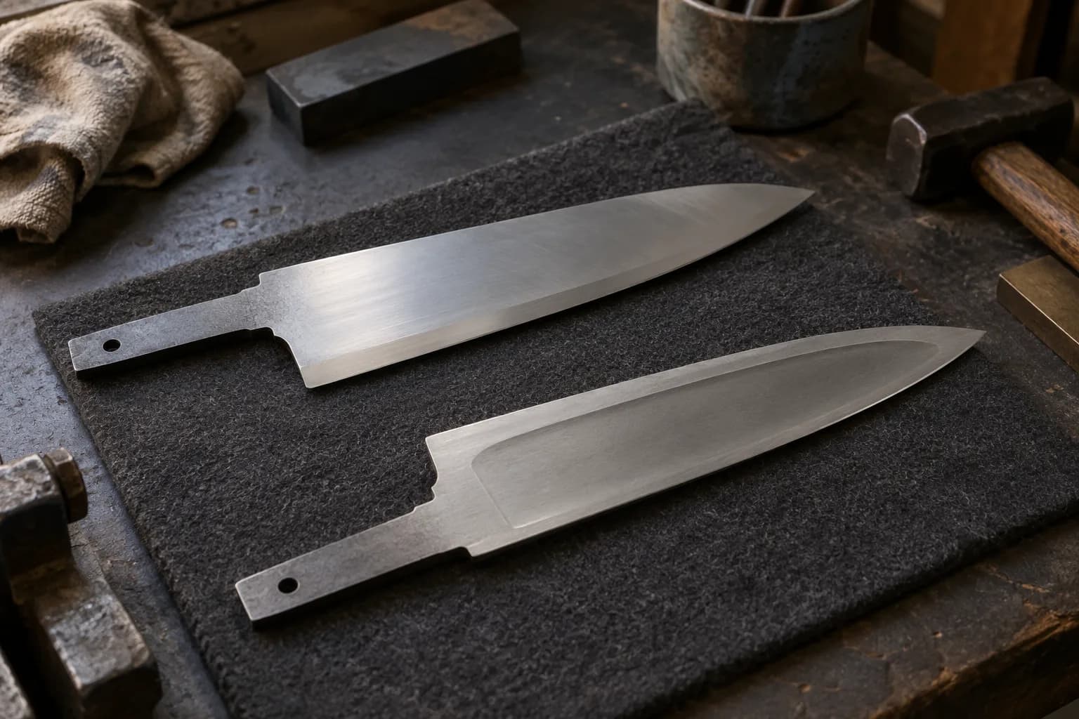 Two single-bevel knife blanks on a charcoal felt pad, one showing a broad ground bevel and one a shallow concave back
