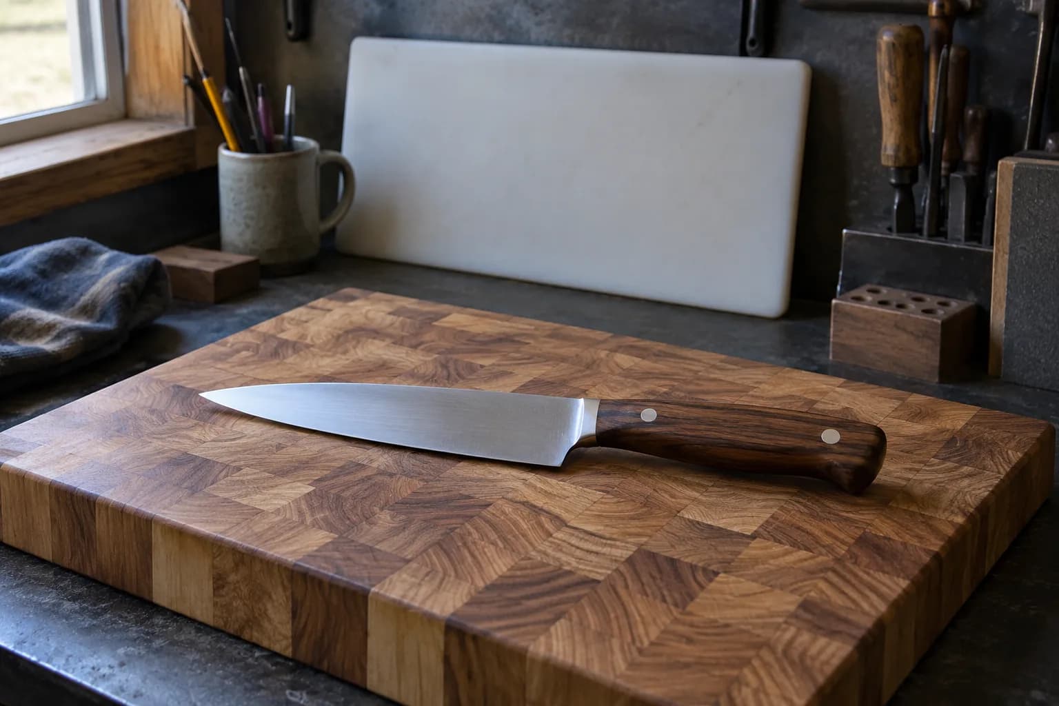 Plain kitchen knife with a walnut handle lying on an end-grain wood cutting board, a pale poly board leaning behind it.