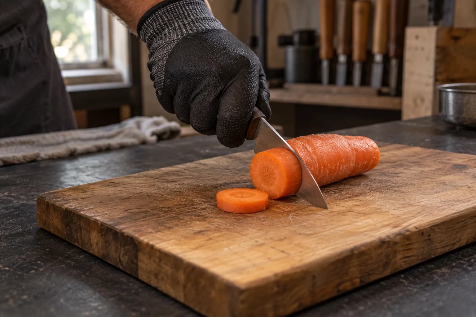 Gloved hand pushes a slim kitchen knife down through a carrot on a worn wooden board, with one cut slice beside it.