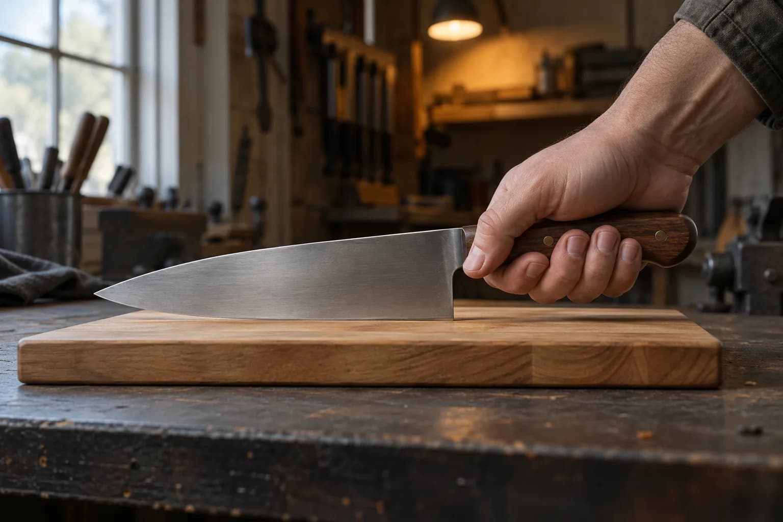 Hand gripping a wood-handled chef's knife, its heel on a cutting board, with the knuckles clear above the board.
