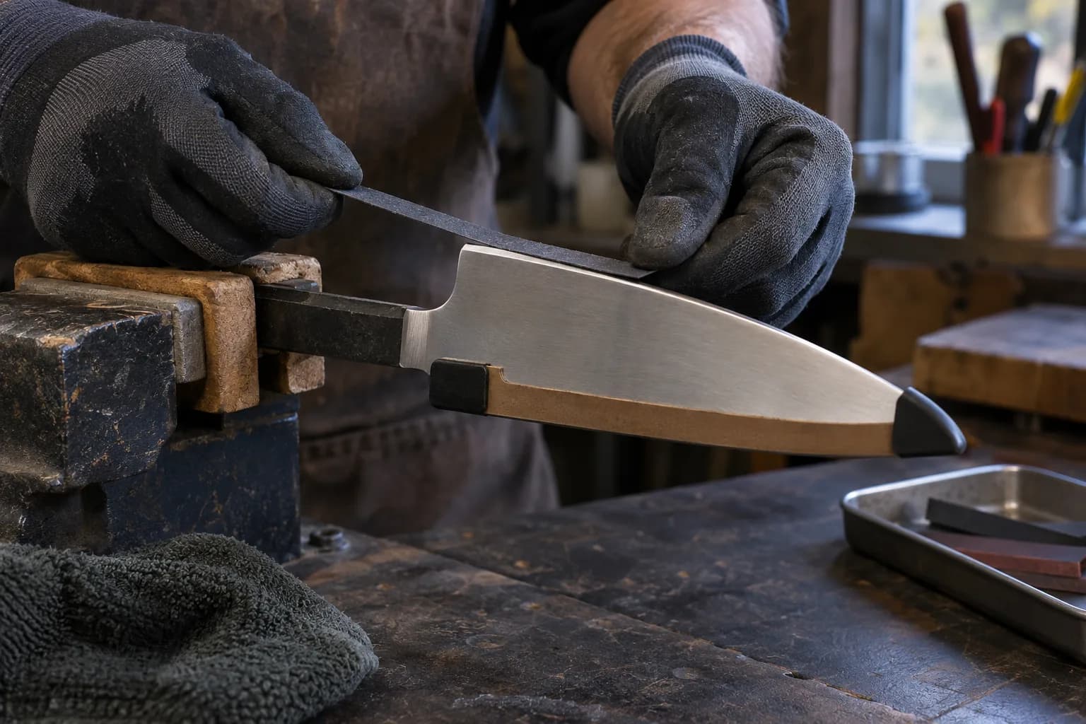 Gloved hands draw an abrasive strip along the spine of a vise-held kitchen blade, its edge covered by a guard.