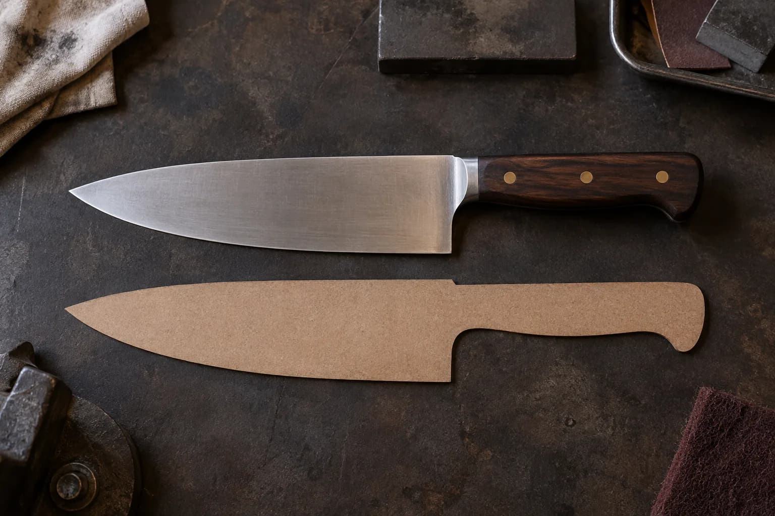 Hardboard chef's-knife template lying beside a wood-handled chef's knife with brass rivets on a dark steel bench.