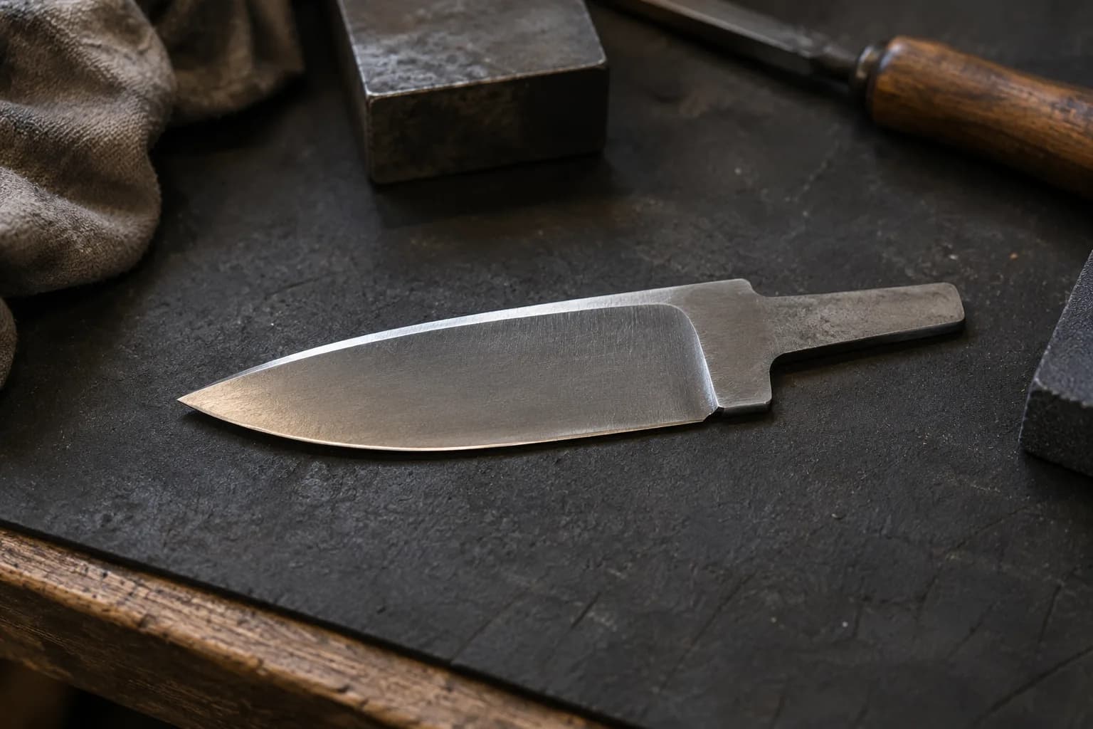 Plain drop-point knife blade on dark slate, showing the point, bright cutting edge, flat spine and short tang.