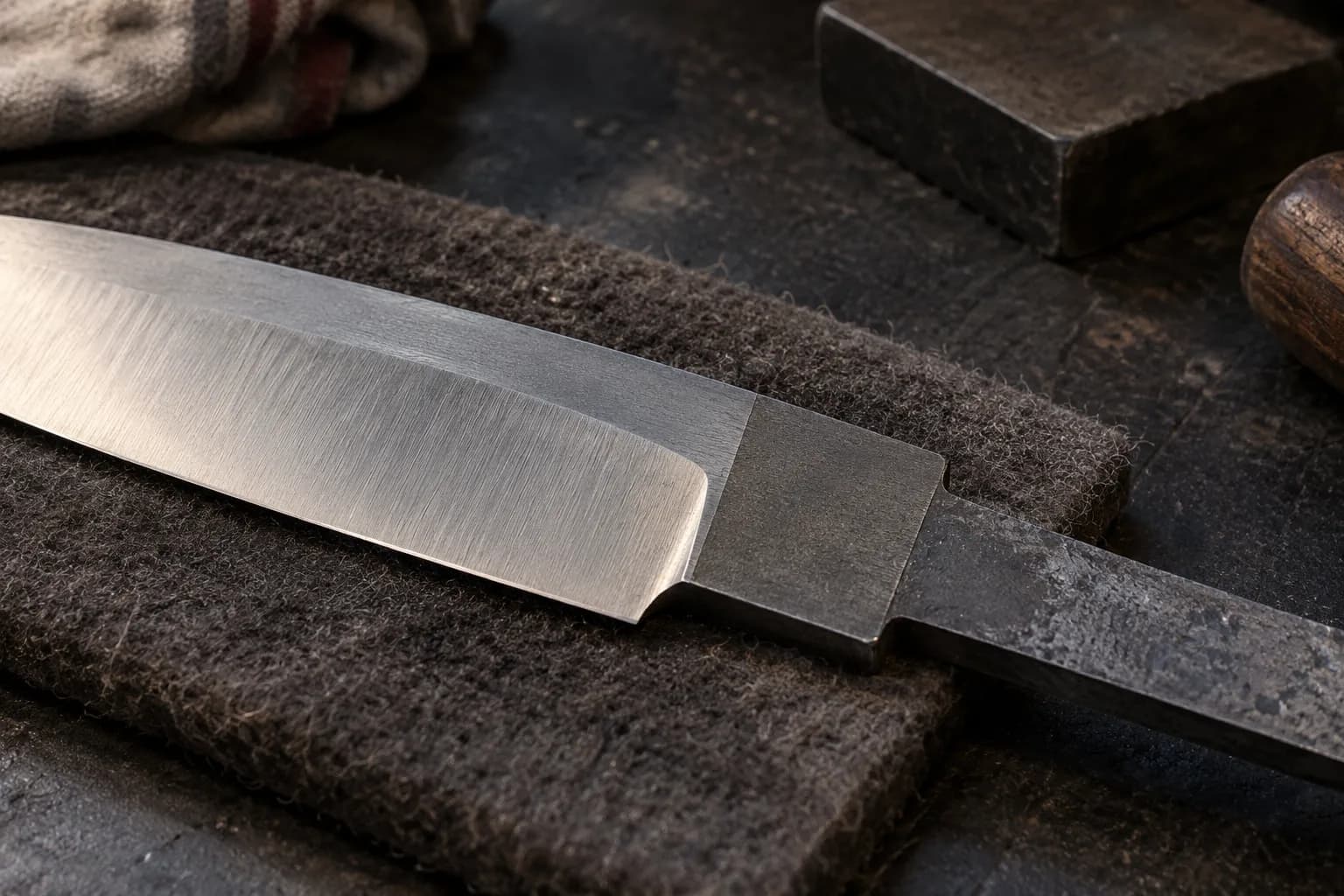 Close oblique view of a knife blank's rounded plunge line where the ground bevel meets the dark flat ricasso, on felt.