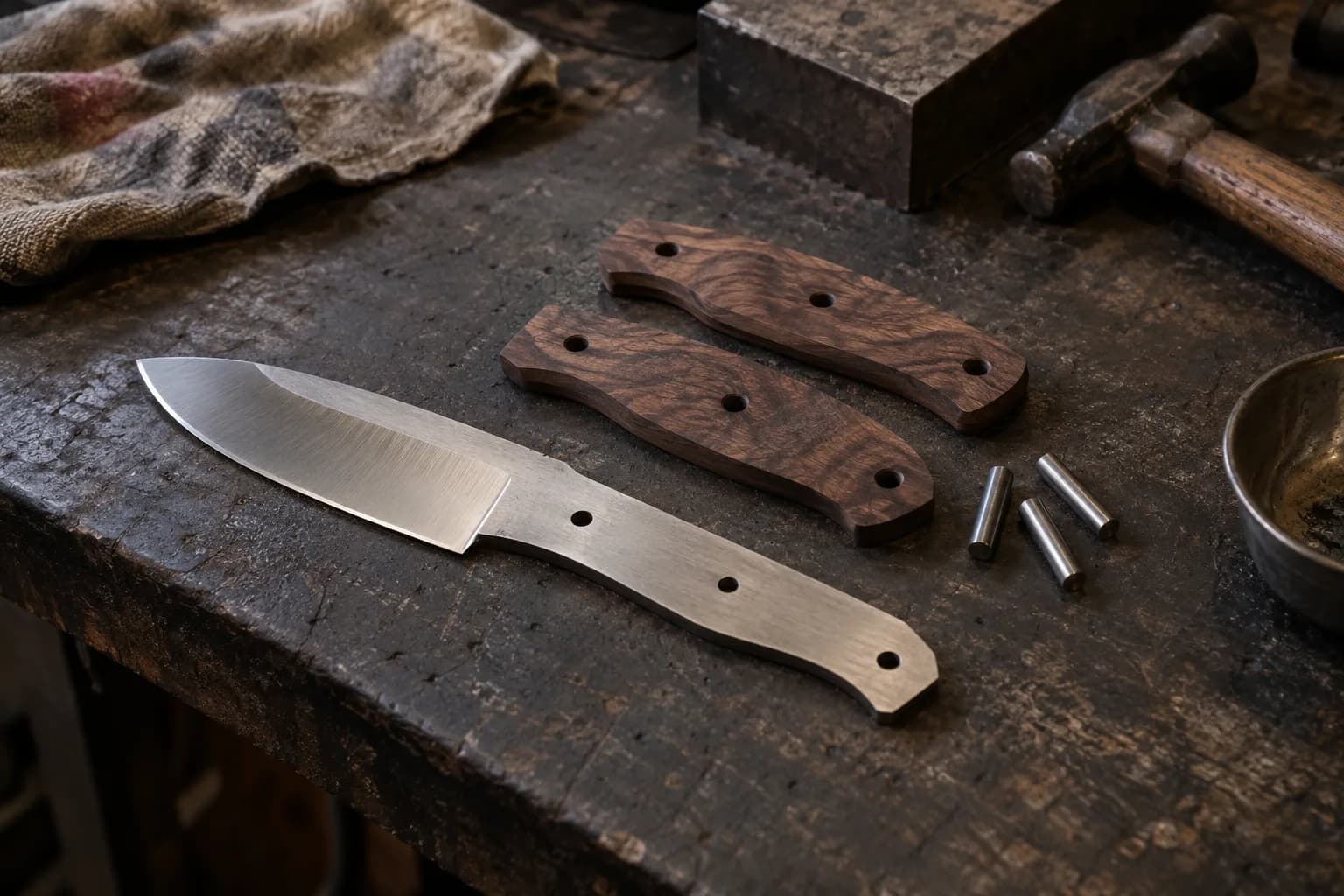 Full-tang knife blank beside two matching walnut handle scales with pin holes and three loose steel pins on a dark bench.