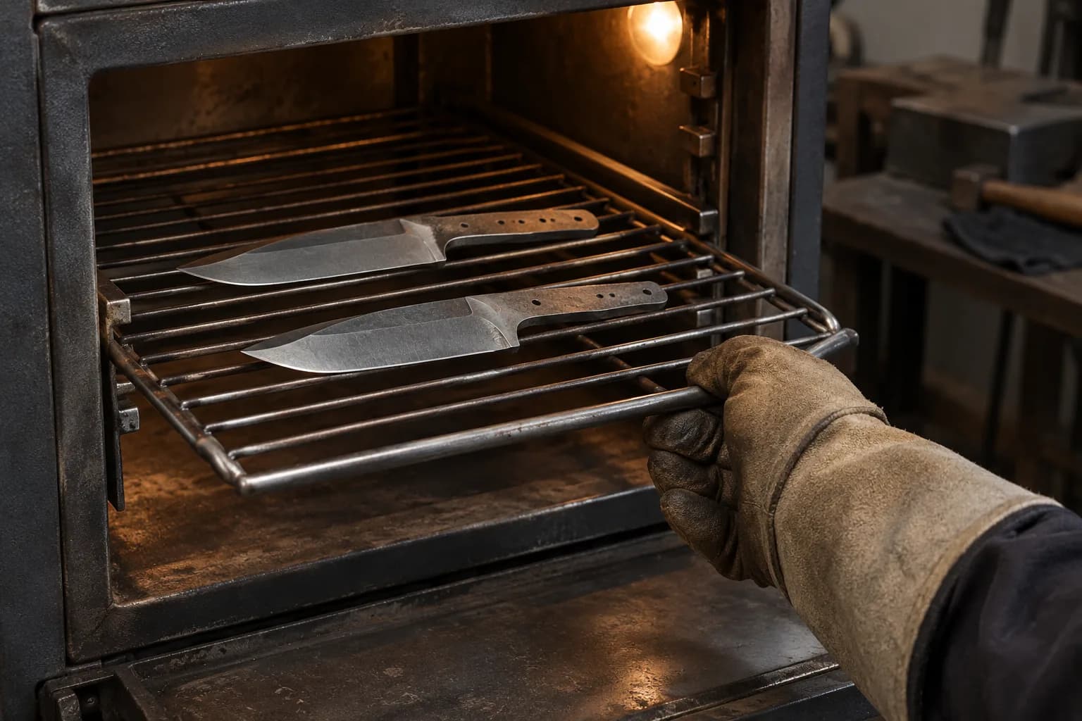 Gloved hand pulls a wire rack out of a steel shop oven, two gray knife blanks lying flat on it