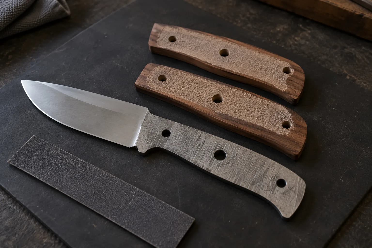 Scratched steel knife tang and two roughened walnut scales laid on a dark mat beside a strip of coarse abrasive.