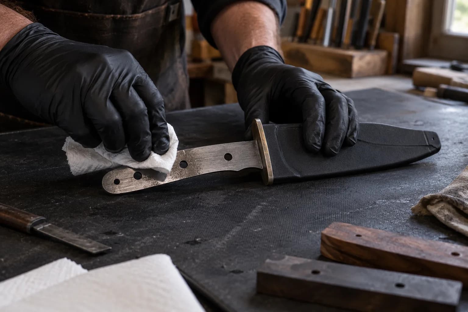 Black-gloved hand wipes a knife tang with a white paper towel while the other hand steadies the sheathed blade.