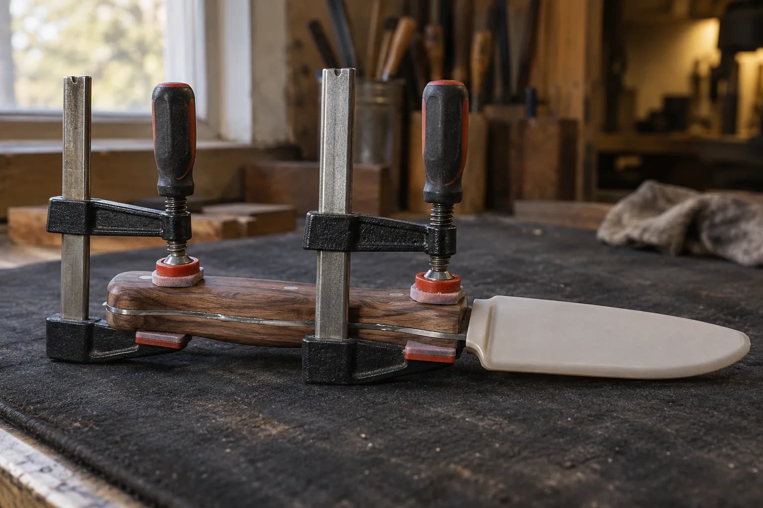 Two bar clamps with red pads hold wood scales on a knife handle, a pale edge guard covering the blade, on a dark bench mat.