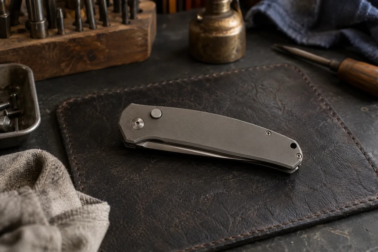 Closed titanium-handled folding knife with a round opening button and pivot, lying on a dark leather pad on a shop bench.