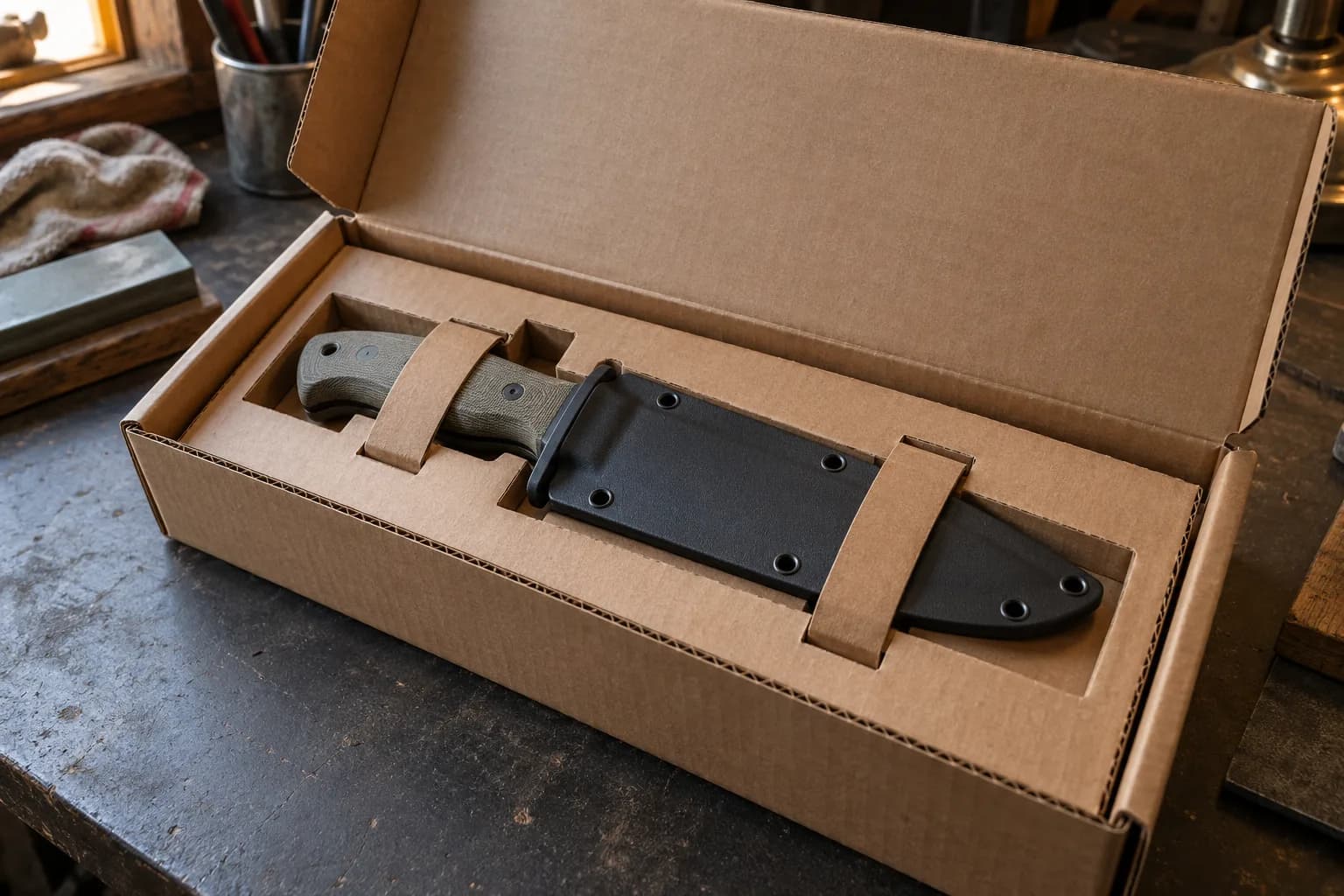 Fixed-blade knife in a black sheath held in a fitted cardboard insert by paper straps inside an open shipping box.