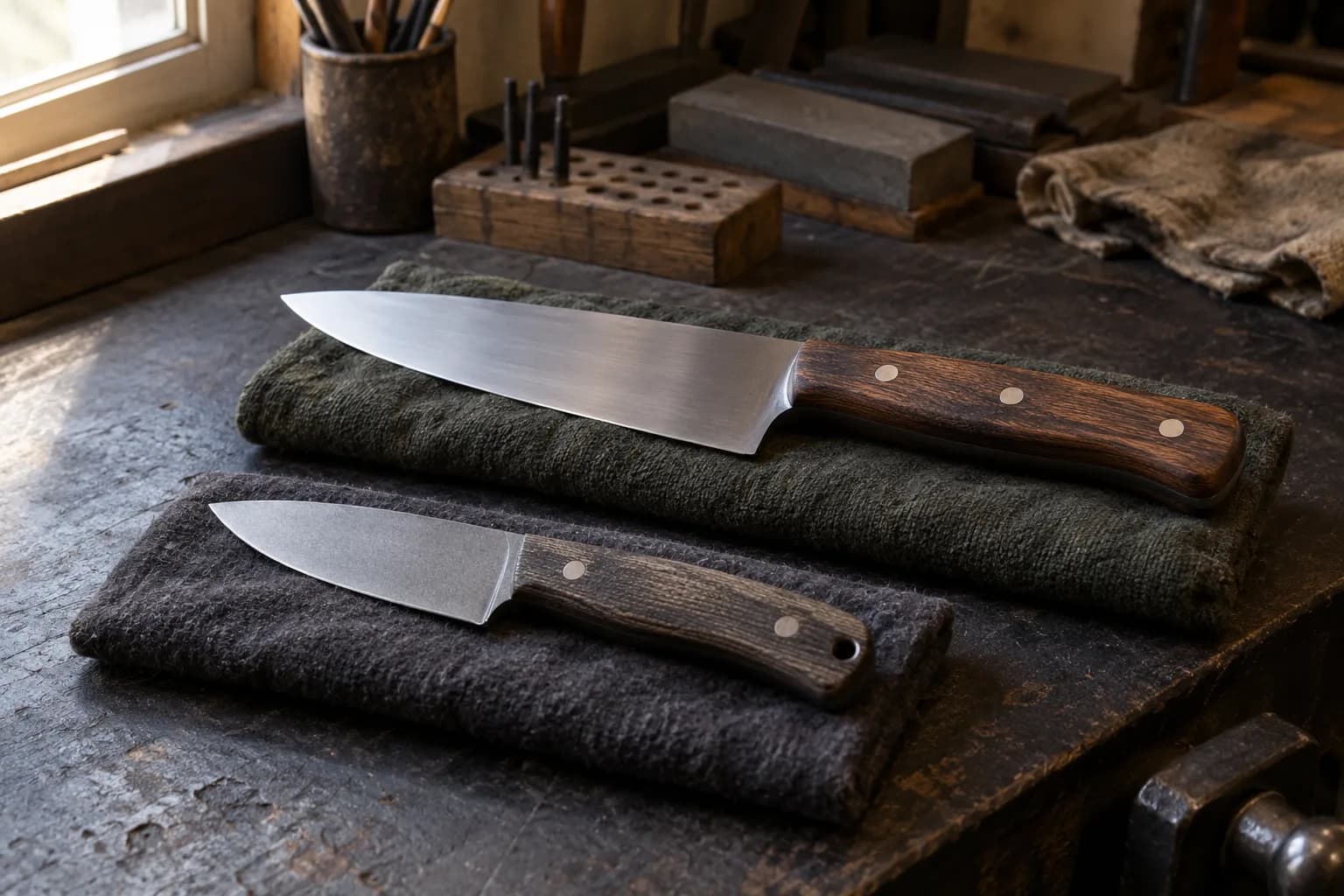 Long chef's knife and short utility knife with wooden handles lying on separate dark cloth pads on a workbench.