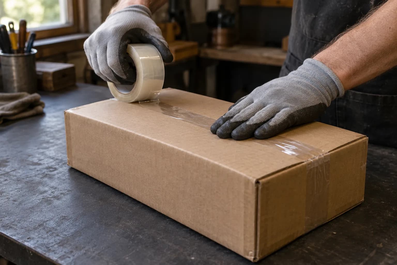 Gloved hands tape the top seam of a closed cardboard box on a dark workshop bench, one hand holding the tape roll