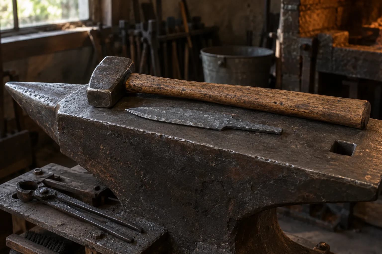Forging hammer and a cold rough-forged blade blank lying on a worn anvil, with tongs on the stump shelf below.
