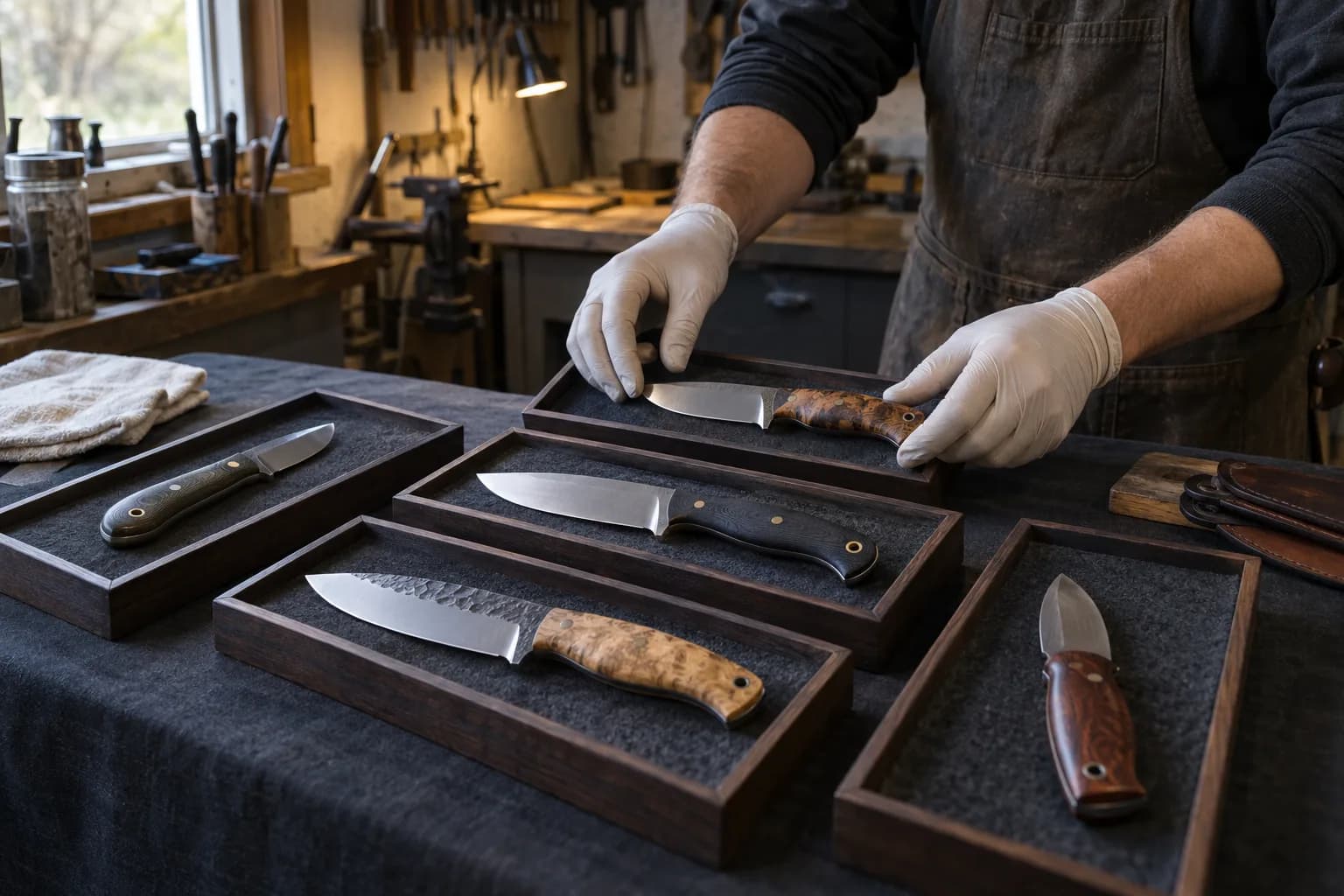 Gloved hands arranging fixed-blade knives with burl, micarta and wood handles in dark felt-lined trays on a shop table.
