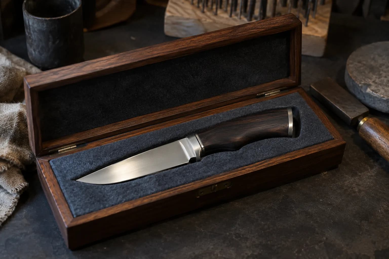 Polished fixed-blade knife with a dark wood handle and metal spacers in a fitted felt-lined wooden case with open lid.