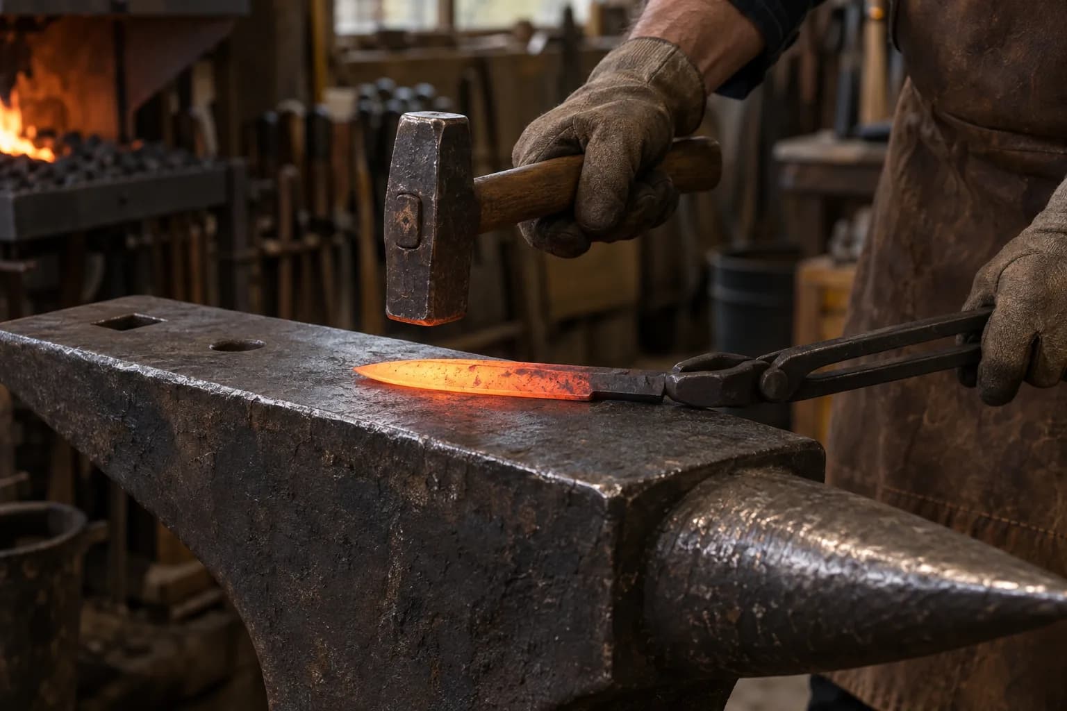 Gloved hands hold a glowing orange blade blank with tongs on an anvil as a hammer hovers above it.