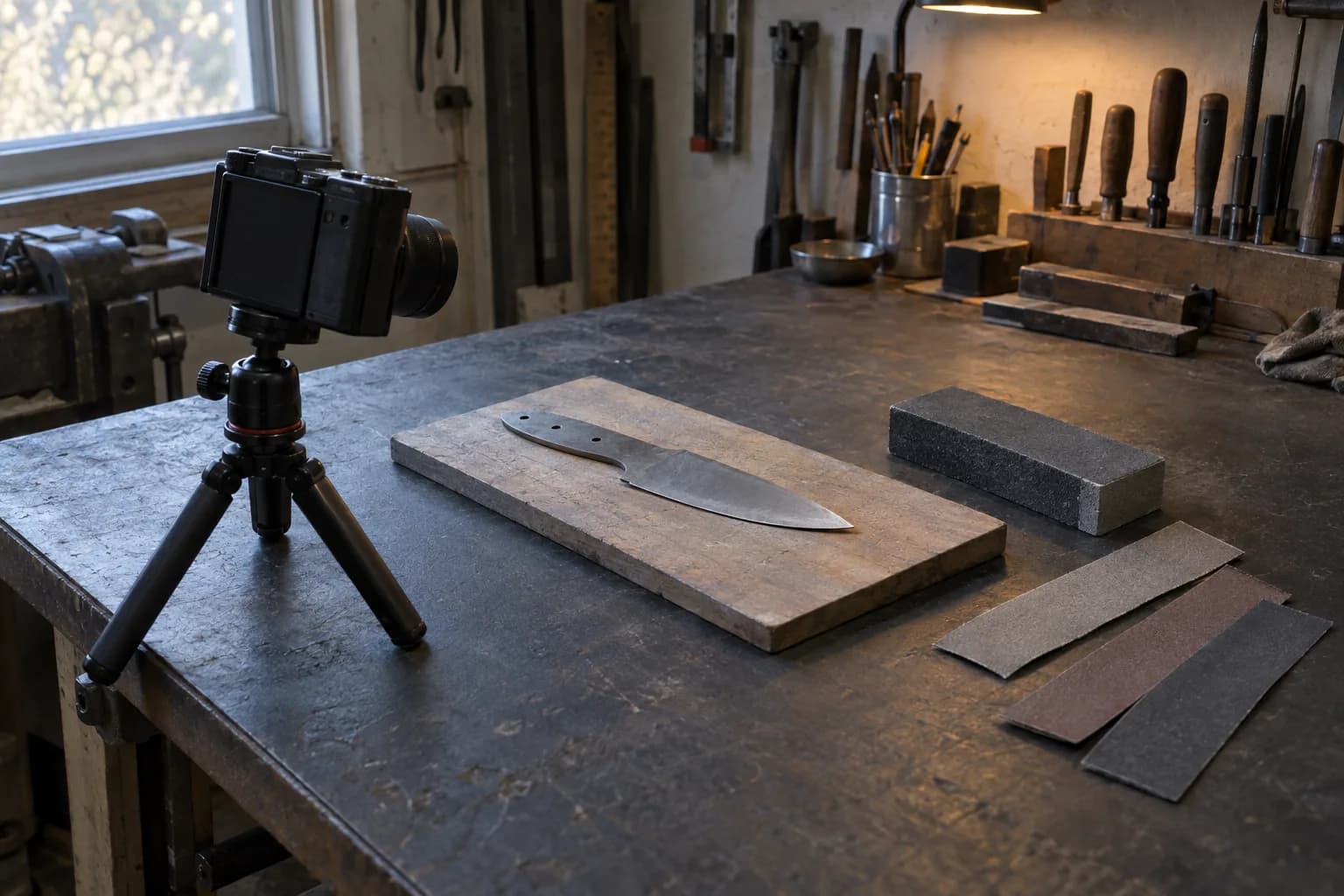 Compact camera on a small tripod beside a cold knife blank on a wooden board, with an abrasive block and sanding strips on a dark bench.