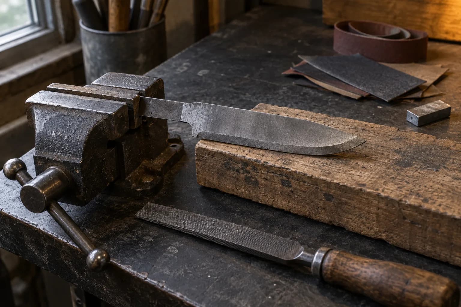 Partly shaped knife blank held by its tang in a bench vise, resting on a wood block, with a hand file and sandpaper nearby.