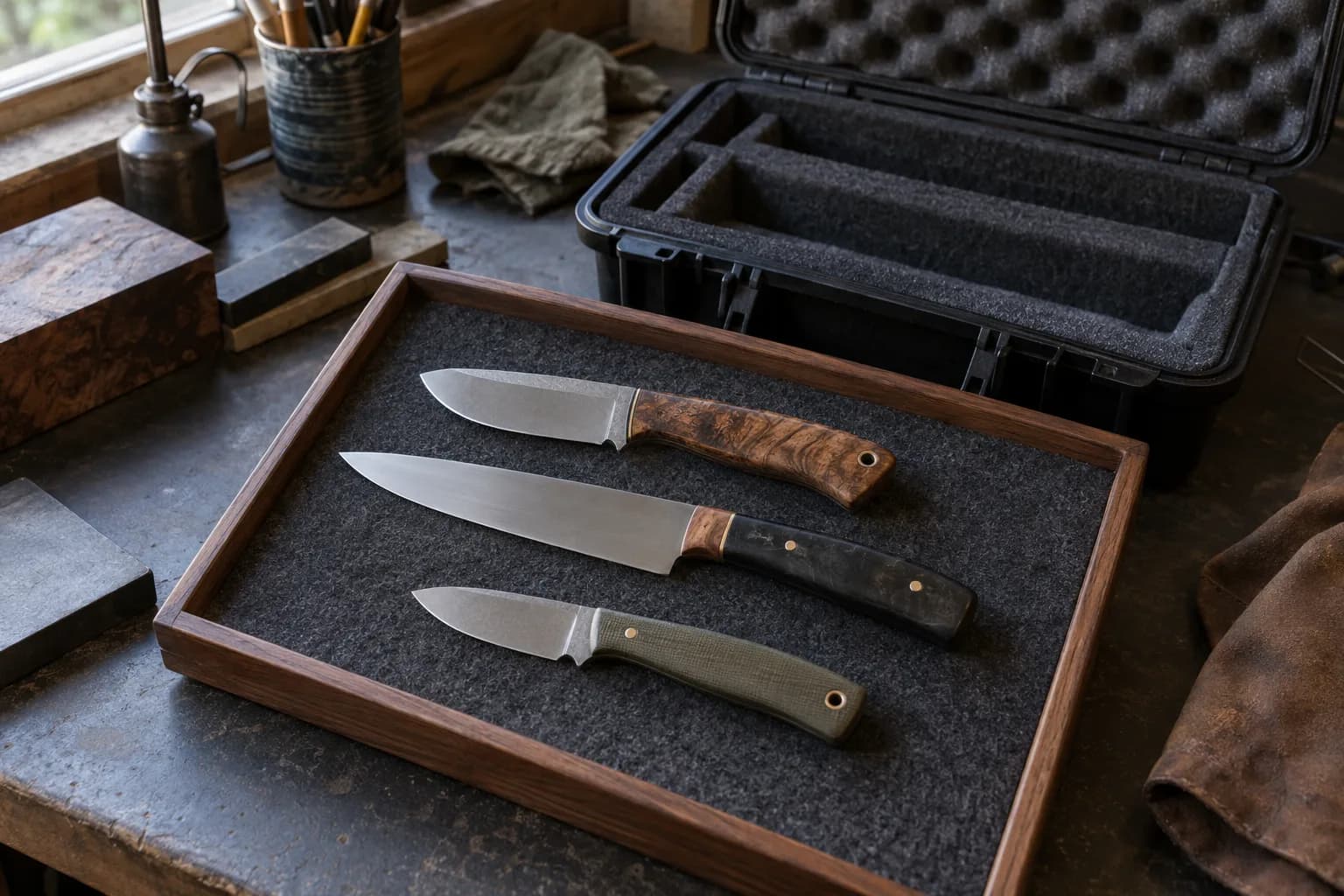 Three custom knives on a dark felt tray in a wooden frame, with an open foam-lined black case behind on a workshop bench.