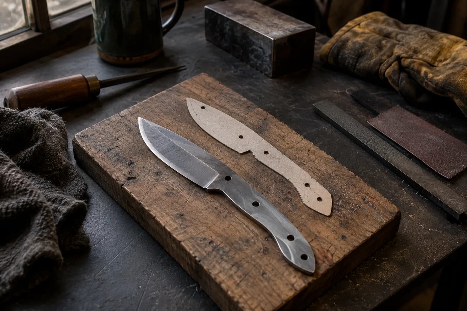 Unhandled drop-point knife blank with pin holes on a worn wood board beside its cardboard profile template