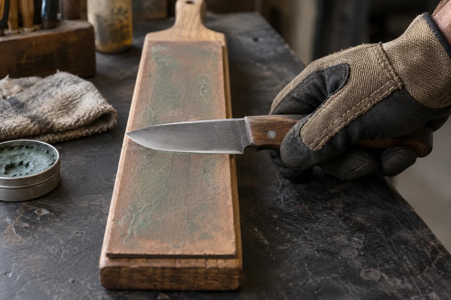 Gloved hand holds a drop-point knife flat across a leather paddle strop with green compound, tin of compound beside it.