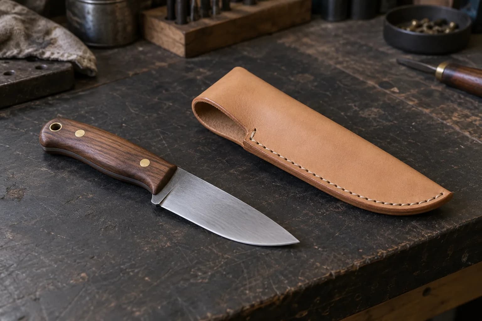 Walnut-handled drop-point knife lying beside a plain stitched tan fold-over leather sheath on a dark workbench.