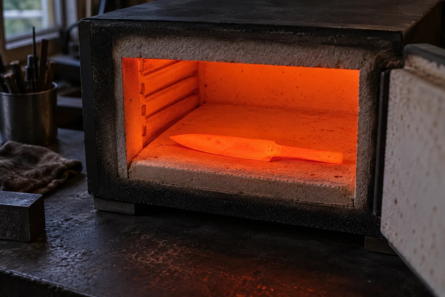 Plain knife blank with tang glowing orange-red, lying flat on a refractory shelf inside an open electric heat-treat kiln.