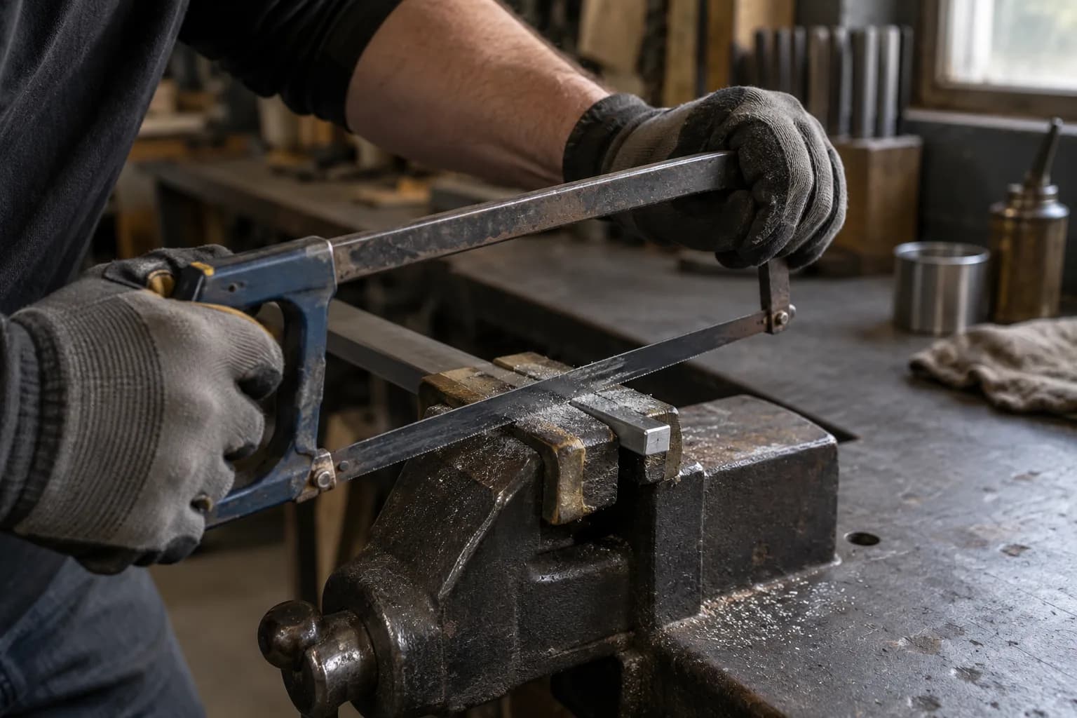Gloved hands sawing a flat steel bar clamped in brass-padded bench-vise jaws, with fresh metal filings on the jaws