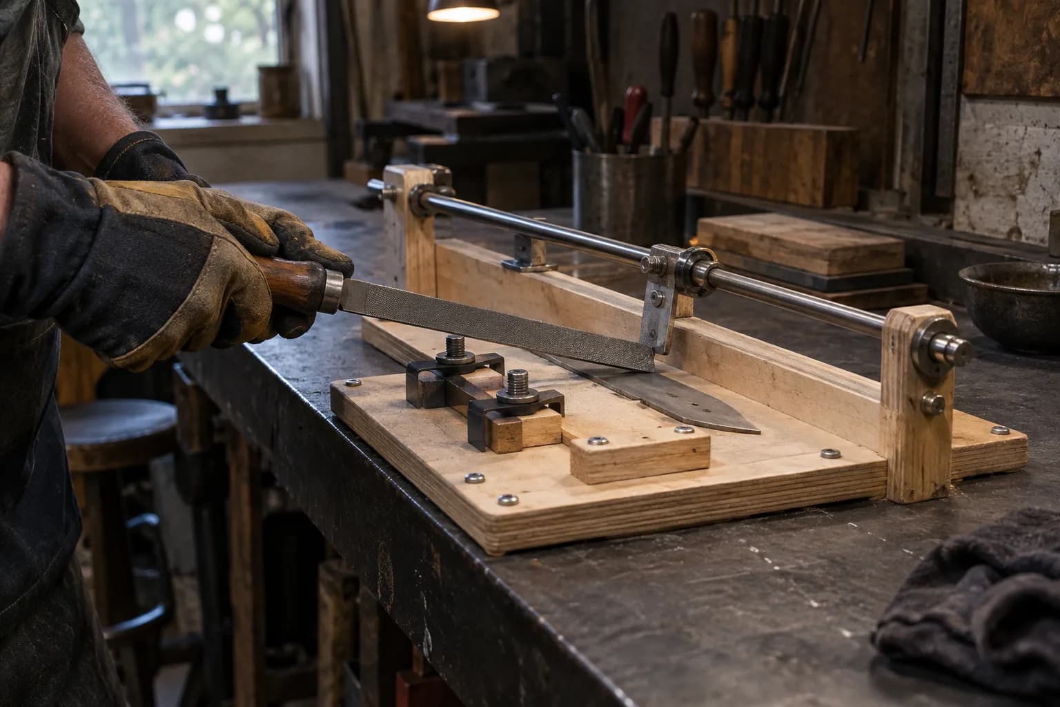Gloved hand pushing a hand file held on a guide rod above a knife blank clamped to a simple plywood file jig on a bench.