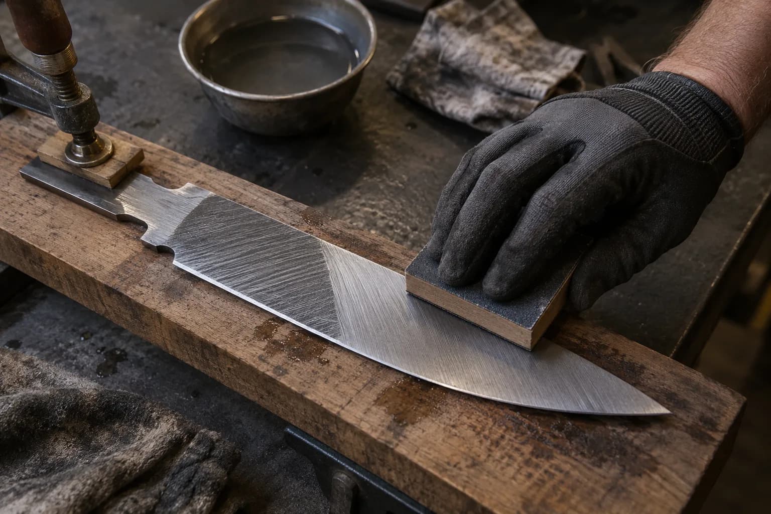Gloved hand sanding a clamped knife blank with a wrapped block, new diagonal scratches crossing the older coarse ones.