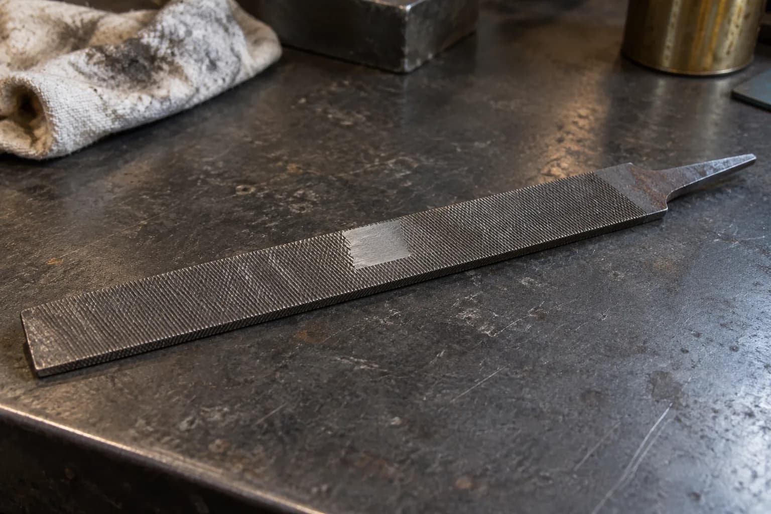 Old flat hand file on a worn steel bench with one smooth ground window cut into its crosscut teeth.