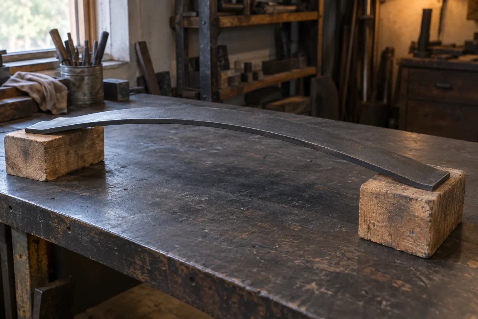 Gently arched dark steel leaf-spring segment resting on two wooden blocks across a worn charcoal workbench