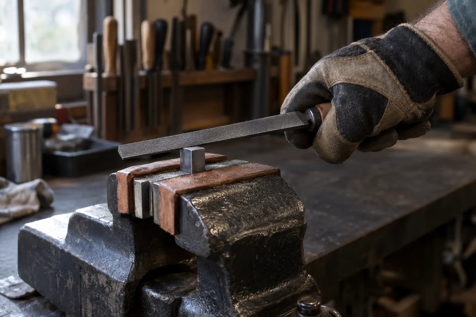 Gloved hand drawing a flat file across a small steel coupon clamped upright in a padded bench vise.