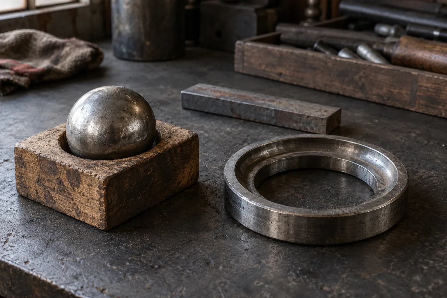 Steel ball seated in a wooden block beside a bearing race ring and a flat steel bar on a dark workbench