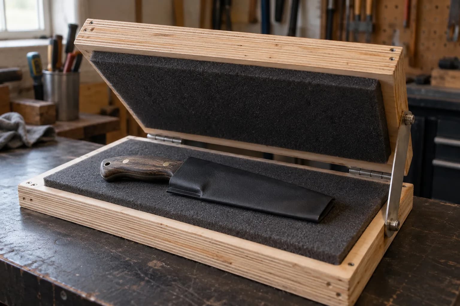 Black thermoplastic sheet folded over a knife on the foam pad of an open plywood sheath press, wood handle exposed