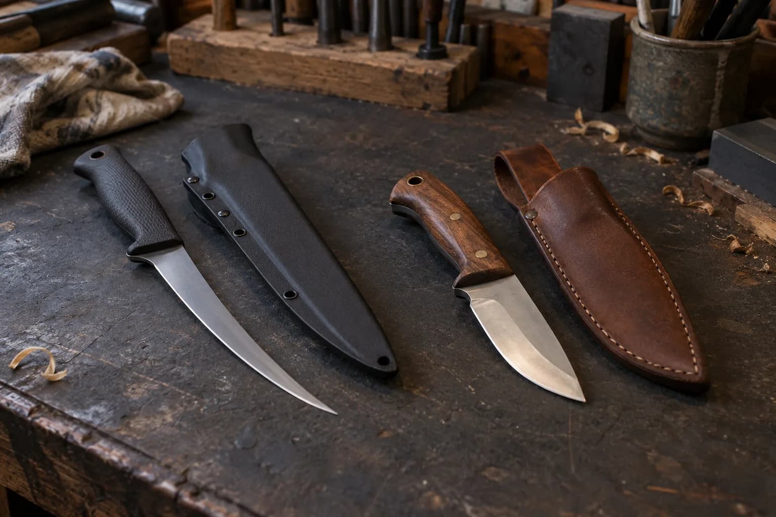 Slim fillet knife beside a black molded sheath with drain holes, and a wood-handled hunter beside a stitched leather sheath.