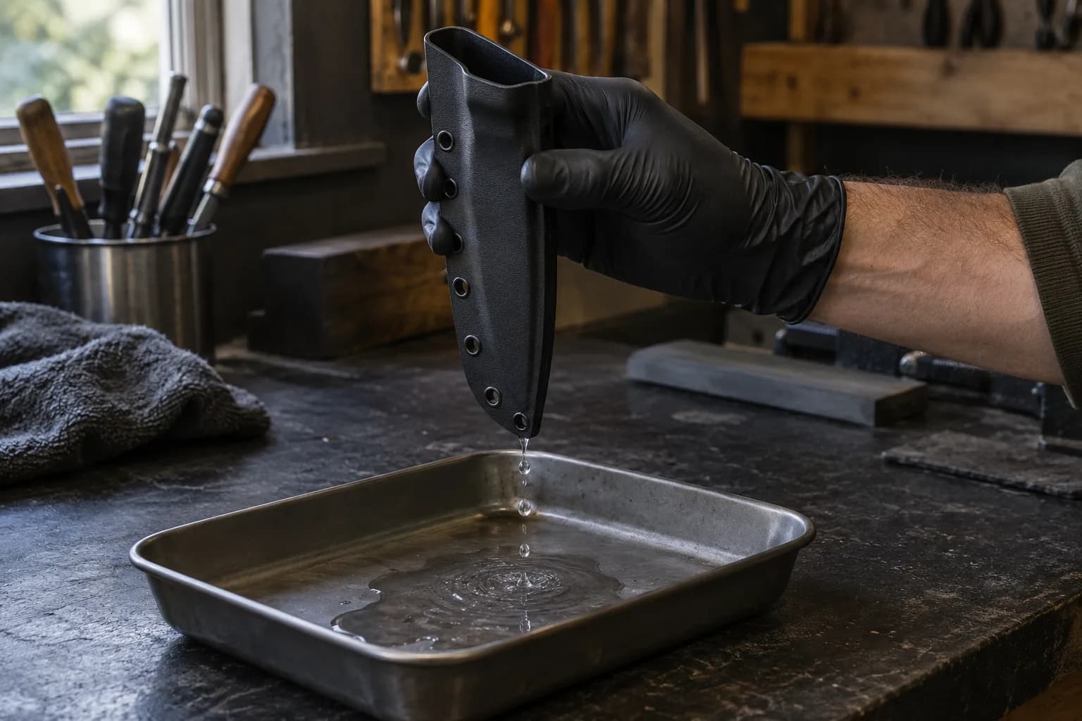 Gloved hand holds an empty black molded sheath upright as water drips from its tip into a steel tray on a dark bench