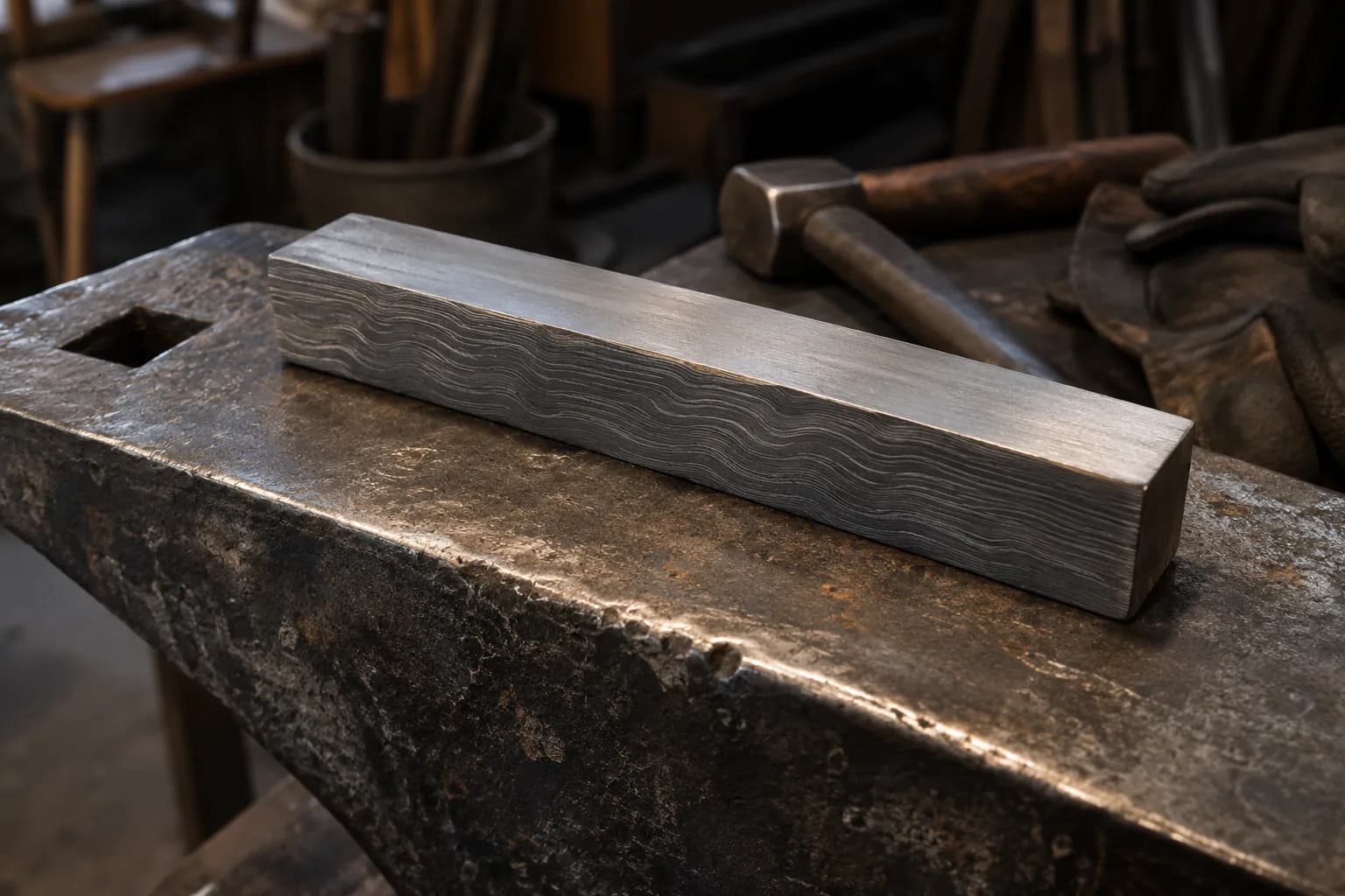 Flat rectangular damascus bar with wavy layer lines lying on a worn anvil beside a hammer and leather glove.