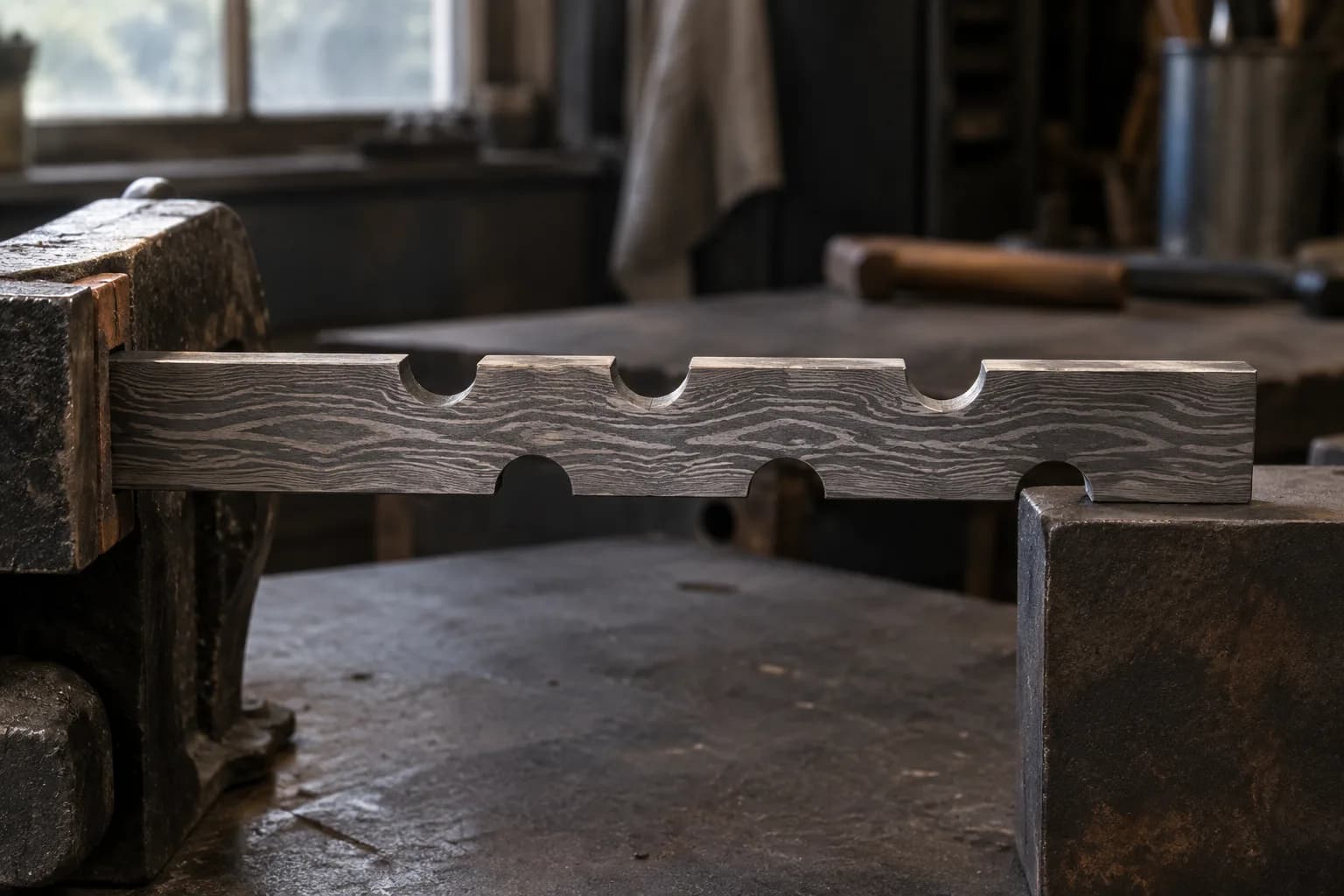 Side view of a damascus bar held in a vise with round grooves alternating between its top and bottom edges.