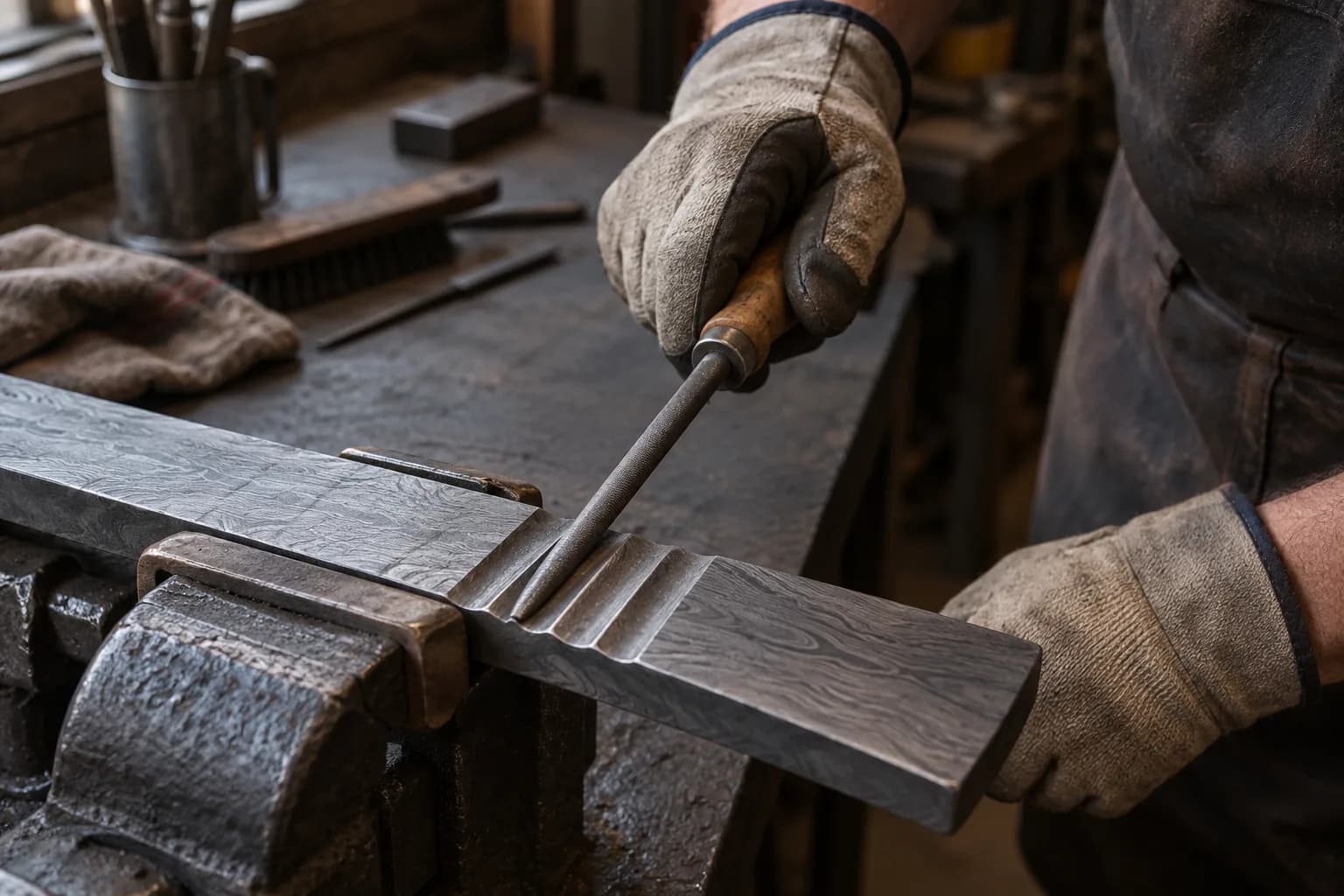 Gloved hands push a round file along a smooth rounded groove cut across a pattern-welded steel bar clamped in a bench vise.