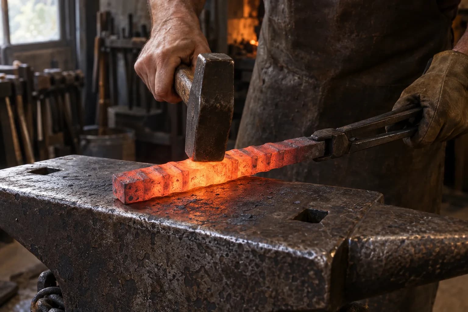 Glowing orange grooved steel bar on an anvil held with long tongs while a flat-faced hammer rests on a raised section.