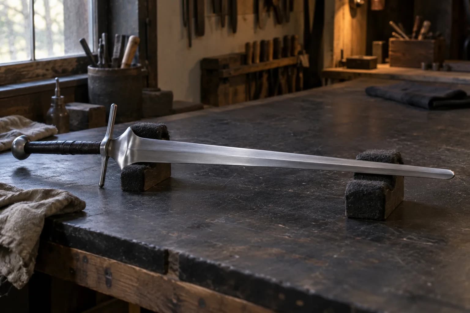 Blunt-tipped longsword with a flared schilt and wrapped grip lying on two felt-lined wooden cradles on a dark bench.