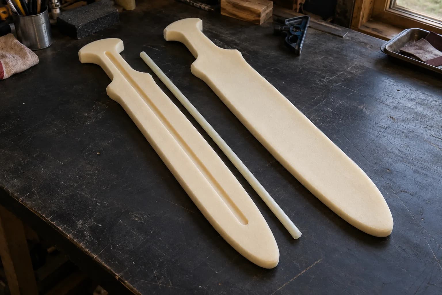 Two cream foam sword halves, one with a long channel, beside a pale fiberglass rod on a dark workbench.