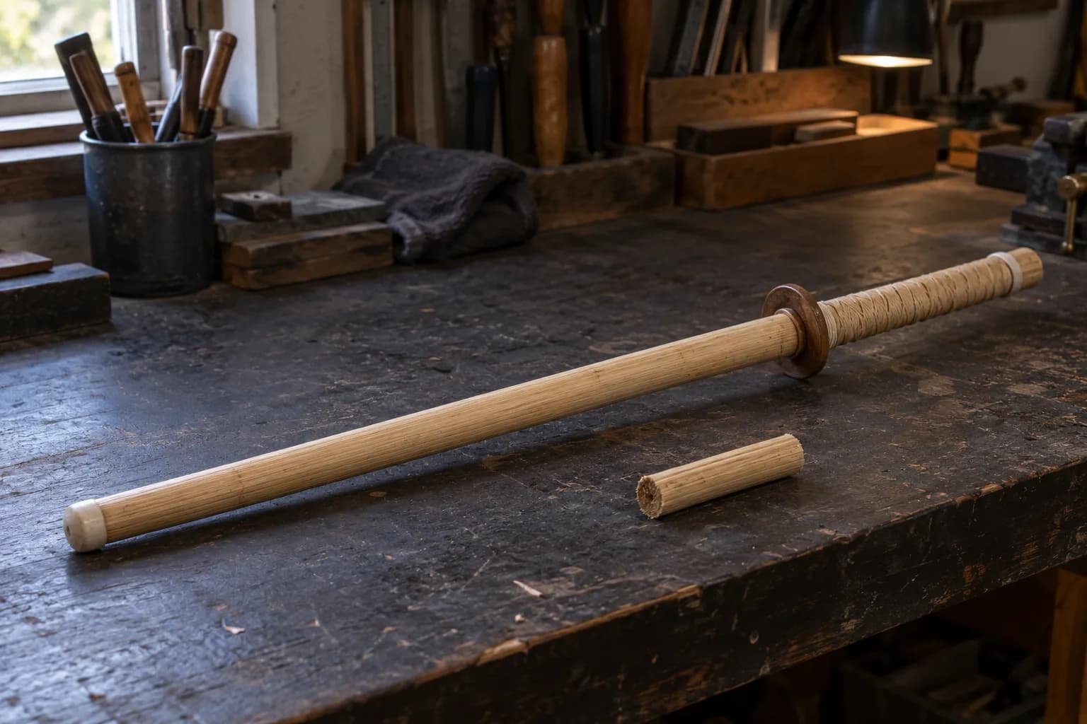 Rattan practice sword with a round wooden guard and cord-wrapped grip lying on a dark bench beside a short rattan offcut.