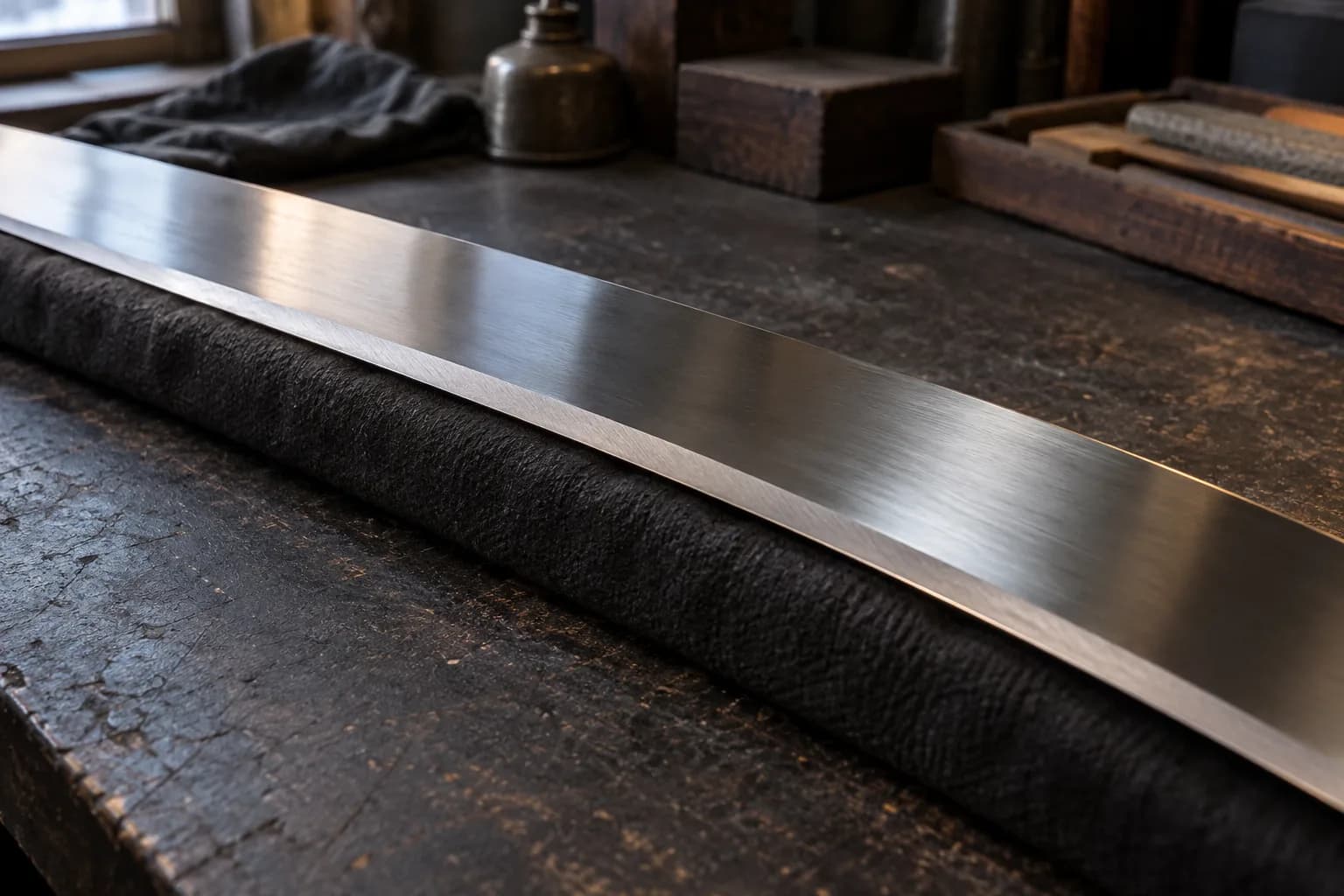 Close view of a polished sword blade's thin edge bevel, resting on a rolled dark cloth on a worn charcoal workbench.