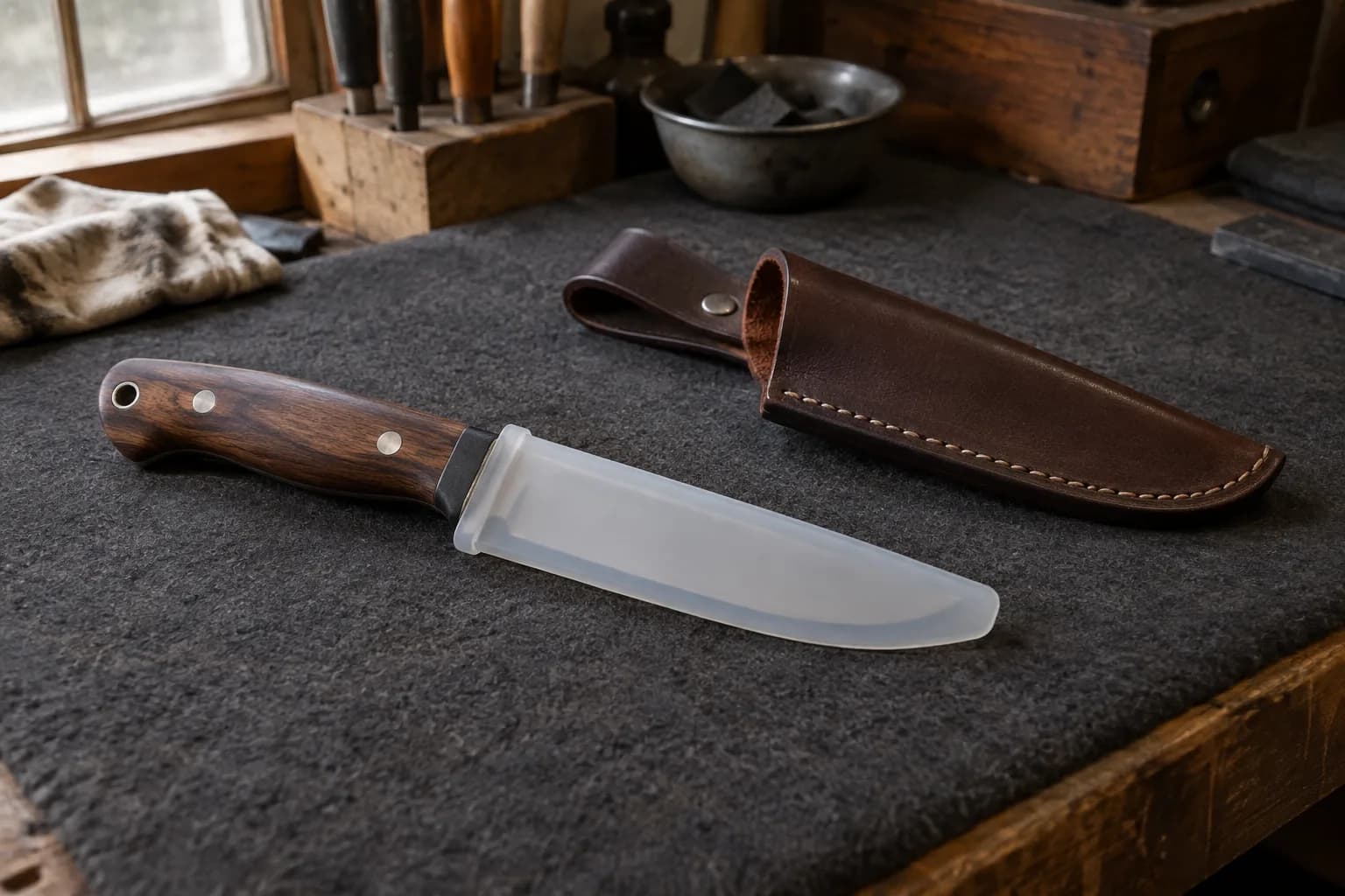 Knife with a wooden handle in a frosted silicone sleeve lying beside its empty brown leather sheath on a dark felt mat.